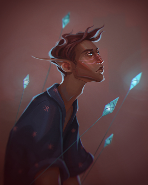 Semirealistic digital illustration of a modern elf surrounded by floating blue crystals.
