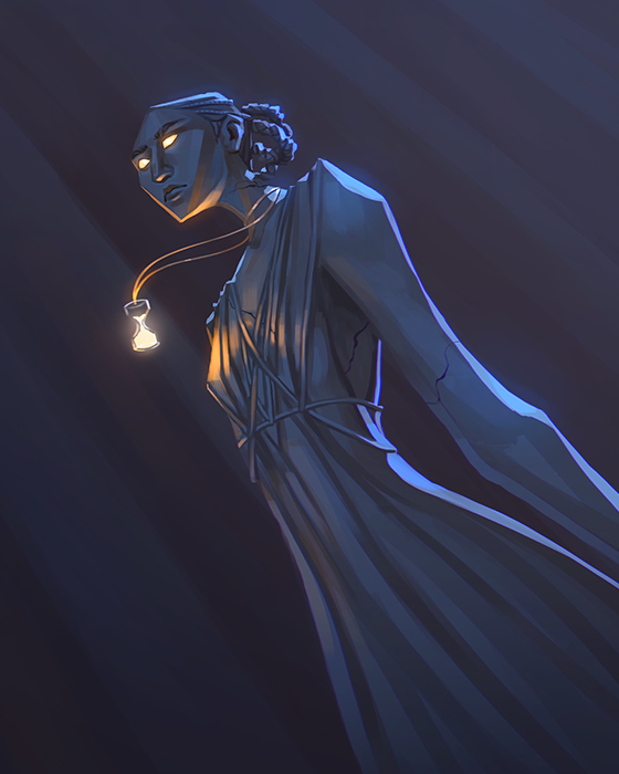 Semirealistic digital illustration of a timekeeper statue.