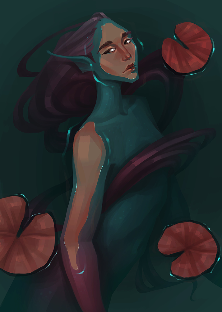 Semirealistic digital illustration of a mermaid transforming into a human as she emerges from water.