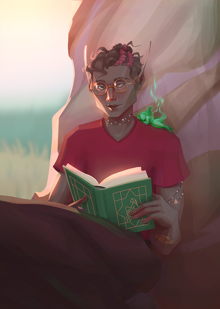 Semirealistic digital illustration of a modern elf reading a mermaid story with a spirit sleeping on their shoulder.