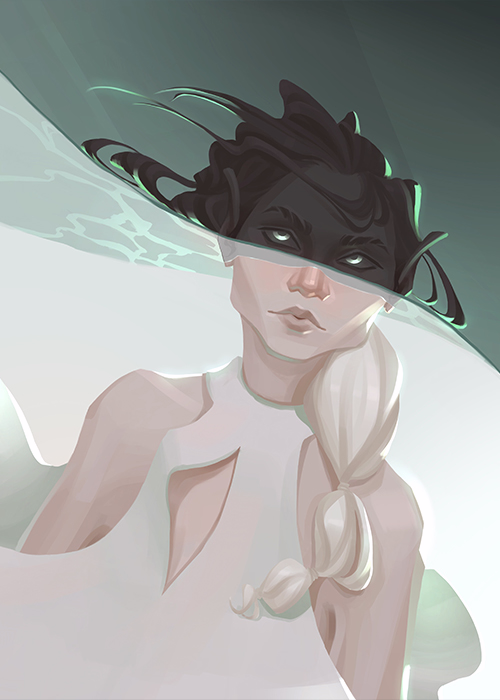 Semirealistic digital illustration of a woman transforming into a mermaid as she interacts with water.