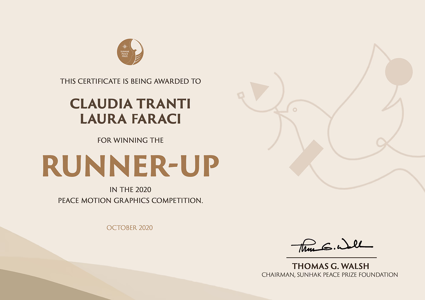 Sunhak Runner-up prize 2020 certificate, awarded to Claudia Tranti and Laura Faraci.