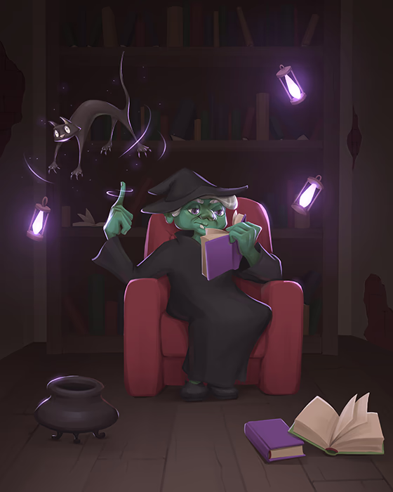 Grotesque illustration of an old green witch casually making her cat levitate as she reads on her couch.