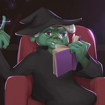 DIgital illustration of a green witch reading on a couch.