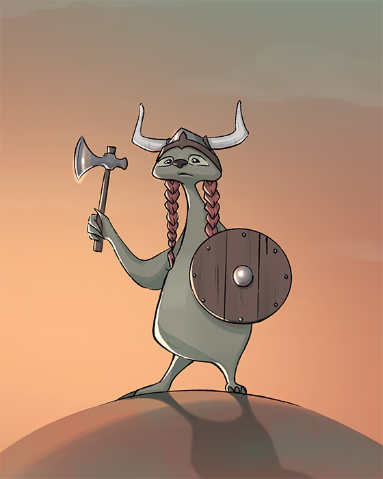 Grotesque illustration of a viking sloth lazily holding an axe and a shield.