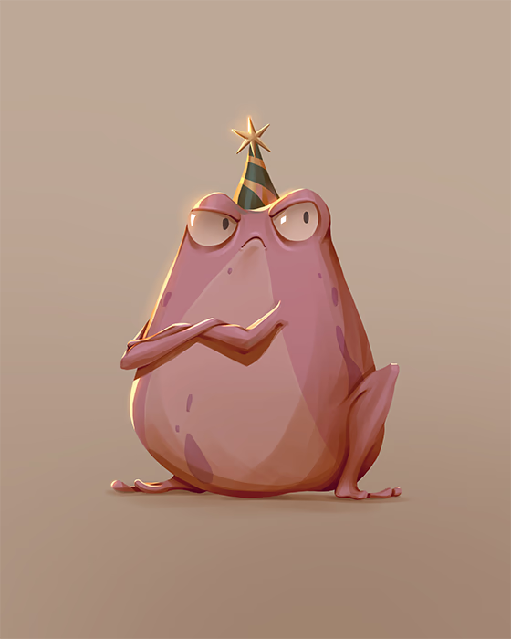 Grotesque illustration of a pink frog angrily wearing a party hat with its arms crossed.