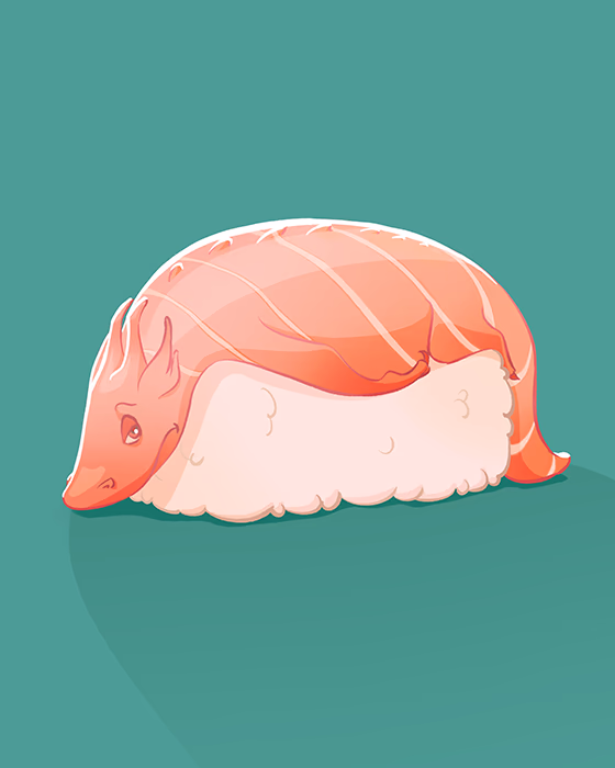 Grotesque illustration of a nigiri-shaped dragon lying on rice.