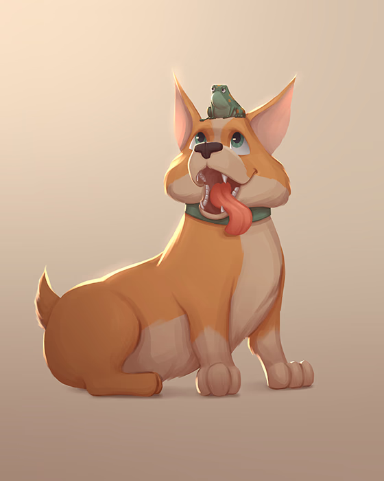 Grotesque illustration of a corgi smiling at a frog sitting on its head.