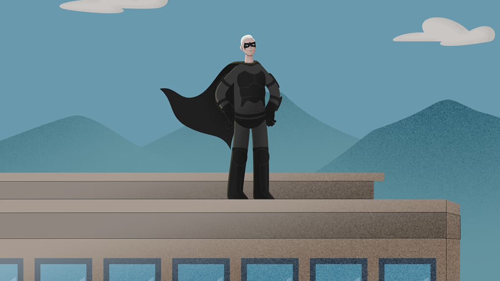 2D animation of an elderly superhero with a cape jumping of a roof.