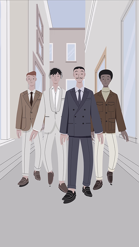 Digital illustration of the Caruso characters walking down a street in Milan.