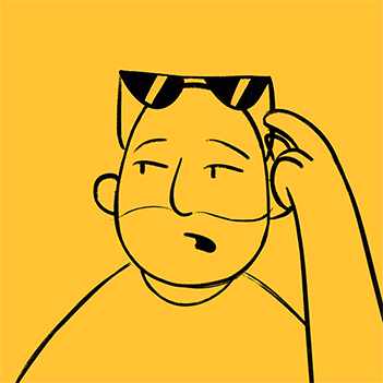 Stylized outline illustration of a man talking on yellow background.