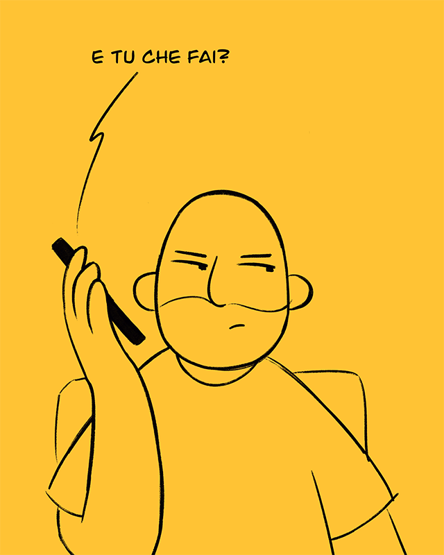 Caricature illustration of an annoyed man with the words "What are you doing?" coming out of the phone he is holding.