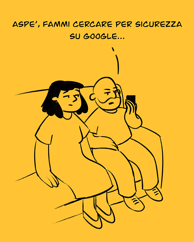 Caricature illustration of a man and a woman on a couch. The man is holding his phone while saying: "Wait, let me just search on Google..."