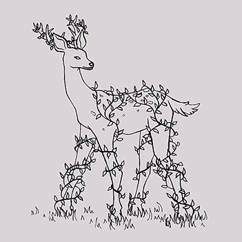 Ink illustration of a deer covered in rampant plants.