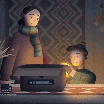 A woman watches her child taking a glowing globe out of a box.