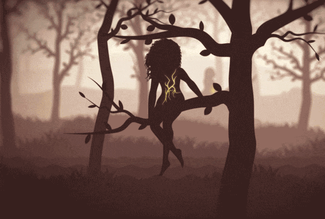 2D animation of silhouettes of Nymphs in a forest.