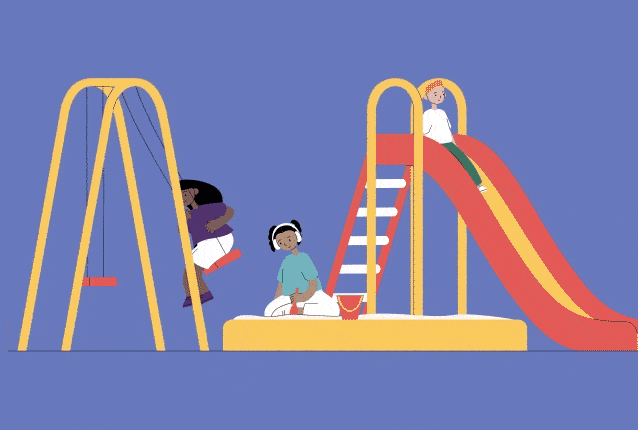 2D animation of kids playing in a playground.