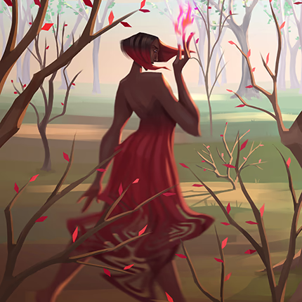 Semirealistic digital illustration of a fire nymph in a forest.