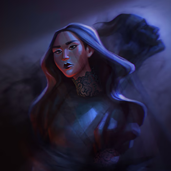 Digital illustrations of the villains of Fernik. The image has dark blue tones, and the characters, Irene and Jerycho, are lit from the back.