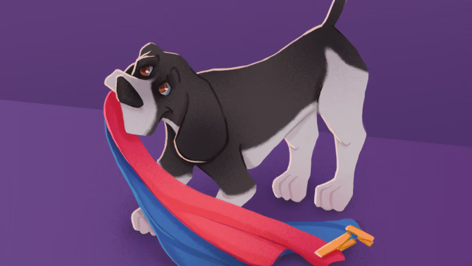 Children illustration of a dog dragging pieces of cloth.